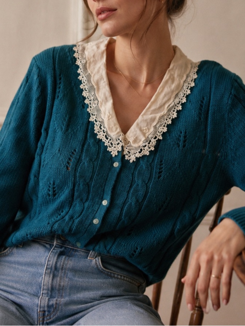 Vintage Cable Knit Cottagecore Cardigan Sweater Lace Collar Pointelle Size: S